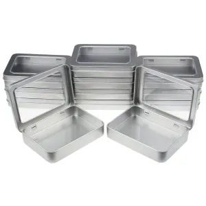 12 Pack Empty Rectangular Metal Storage Organizer Tins With Clear Window Hinged