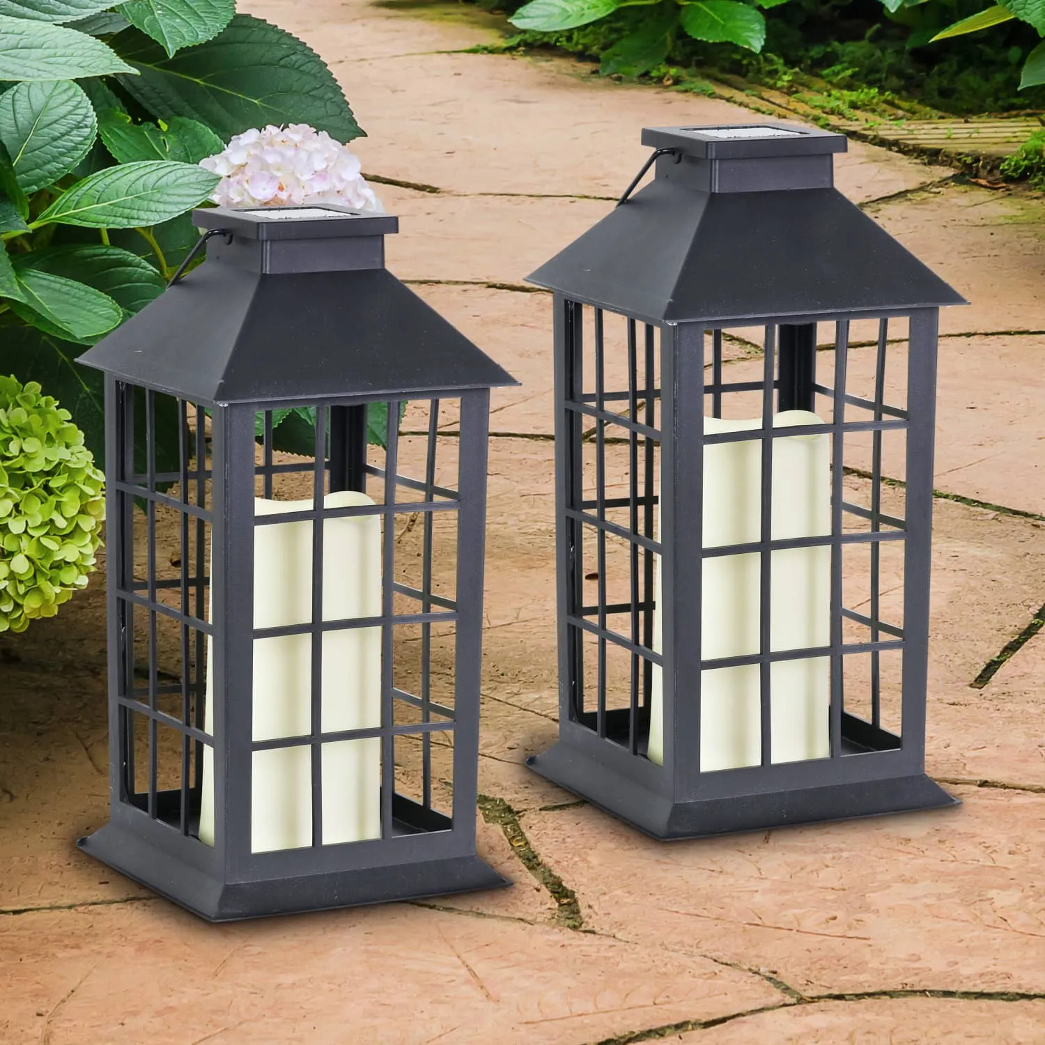 2 Piece Solar Window Pane Plastic Lantern Set with Candles Included, 11.5 Inch