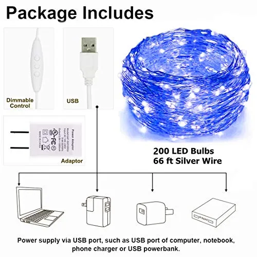 3 Inches LED String Light - Dimmable Control - Starry Silver Wire Lights - Blue