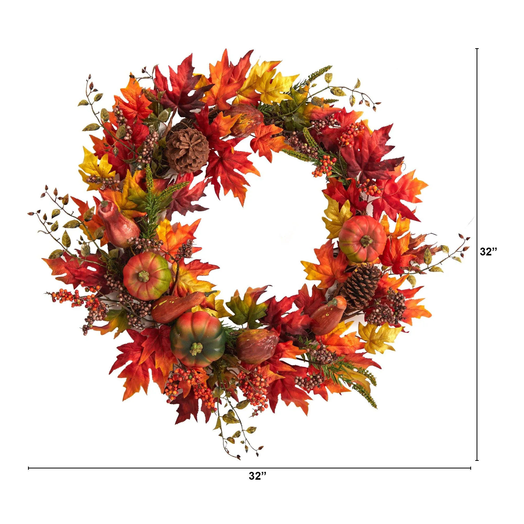 32” Autumn Maple Leaf, Pumpkin and Berries Artificial Fall Wreath