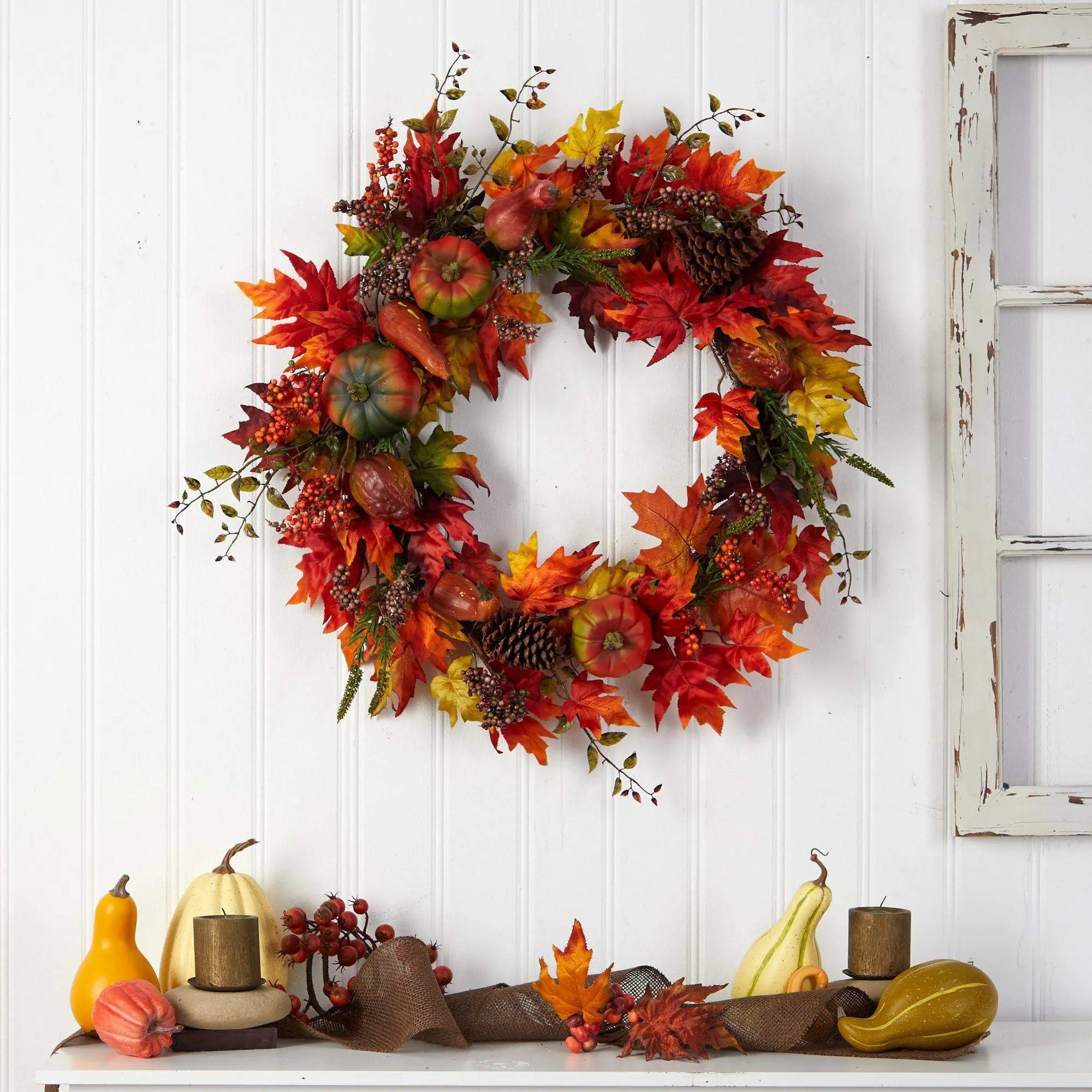 32” Autumn Maple Leaf, Pumpkin and Berries Artificial Fall Wreath