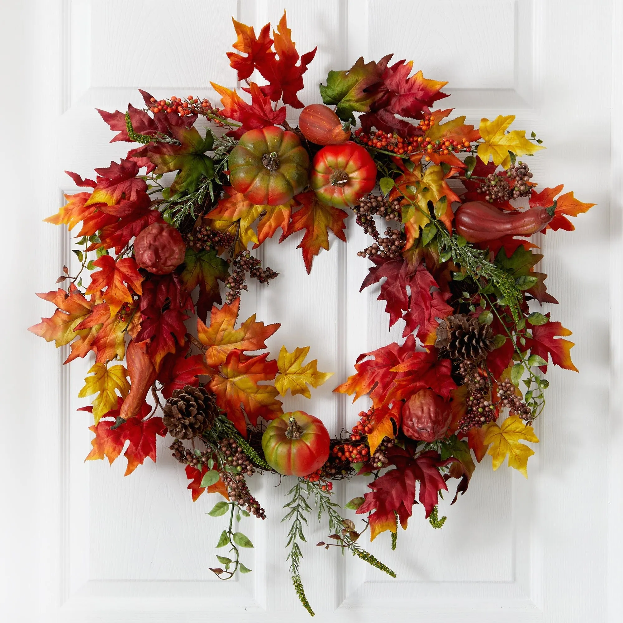 32” Autumn Maple Leaf, Pumpkin and Berries Artificial Fall Wreath