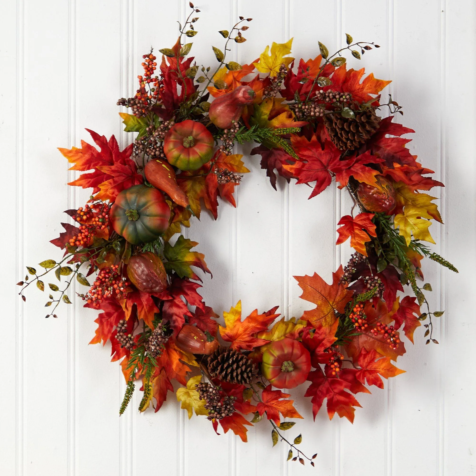 32” Autumn Maple Leaf, Pumpkin and Berries Artificial Fall Wreath