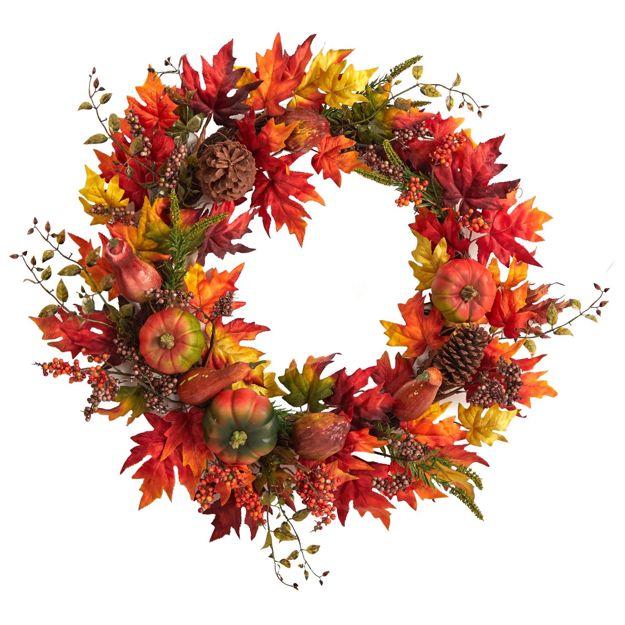 32” Autumn Maple Leaf, Pumpkin and Berries Artificial Fall Wreath