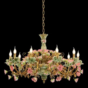 39X28 Inch 10 Lights Brass Chandelier and Green & Pink Porcelain Flower Chandelier