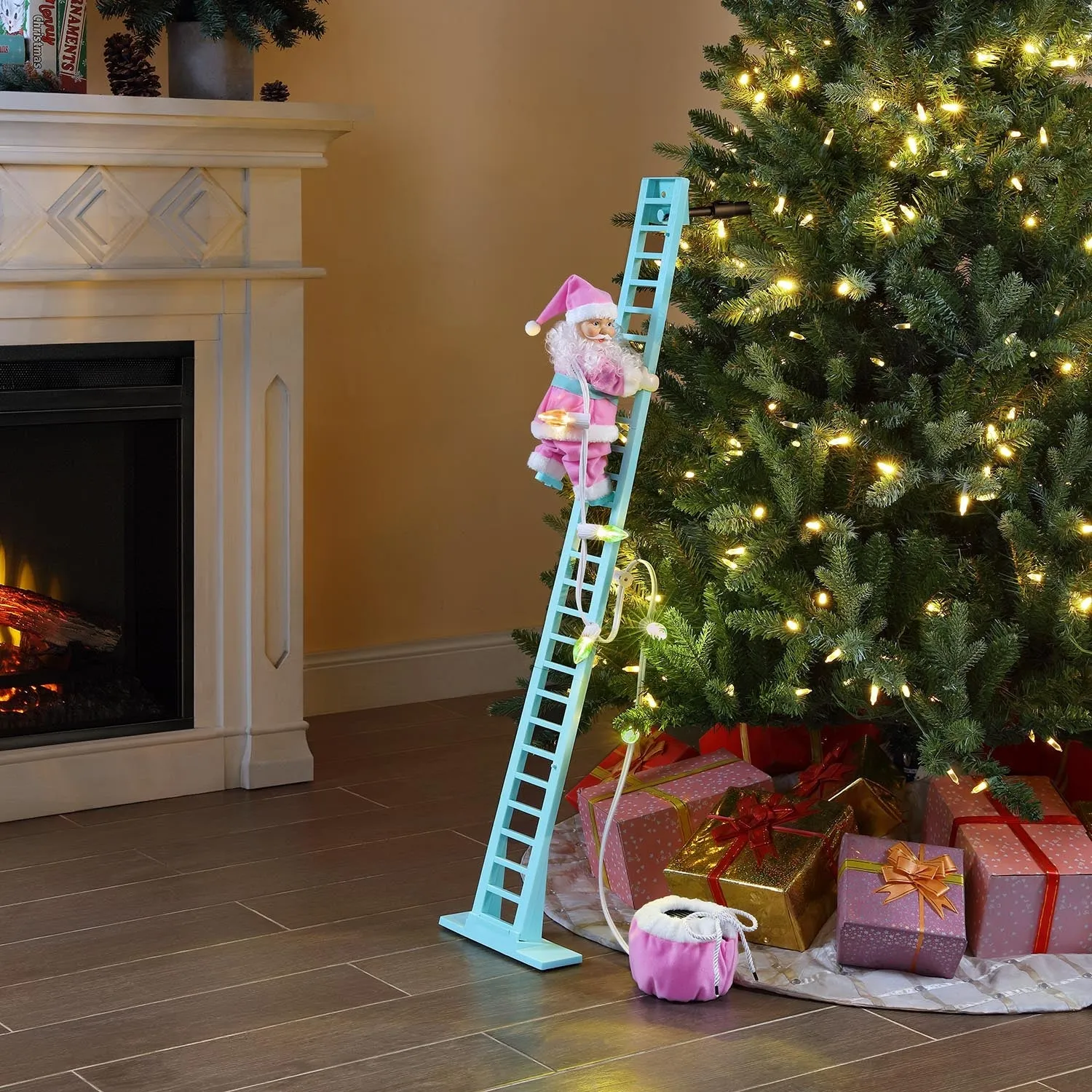 43 in. Animated Pastel Ladder Climbing White Santa