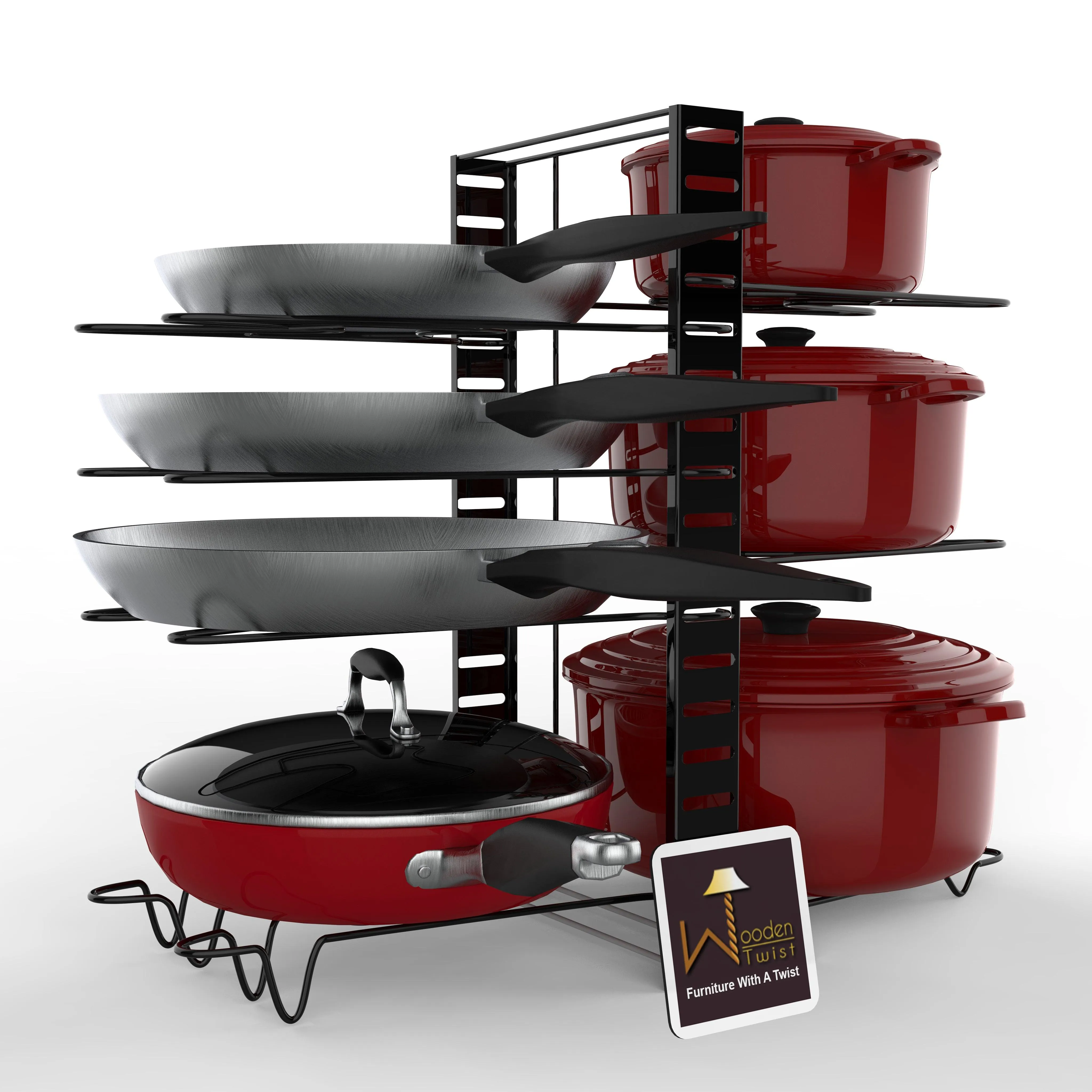 8 Tiers Large Capacity Adjustable Iron Pots and Pans Holder Rack Organizer with 3 DIY Methods