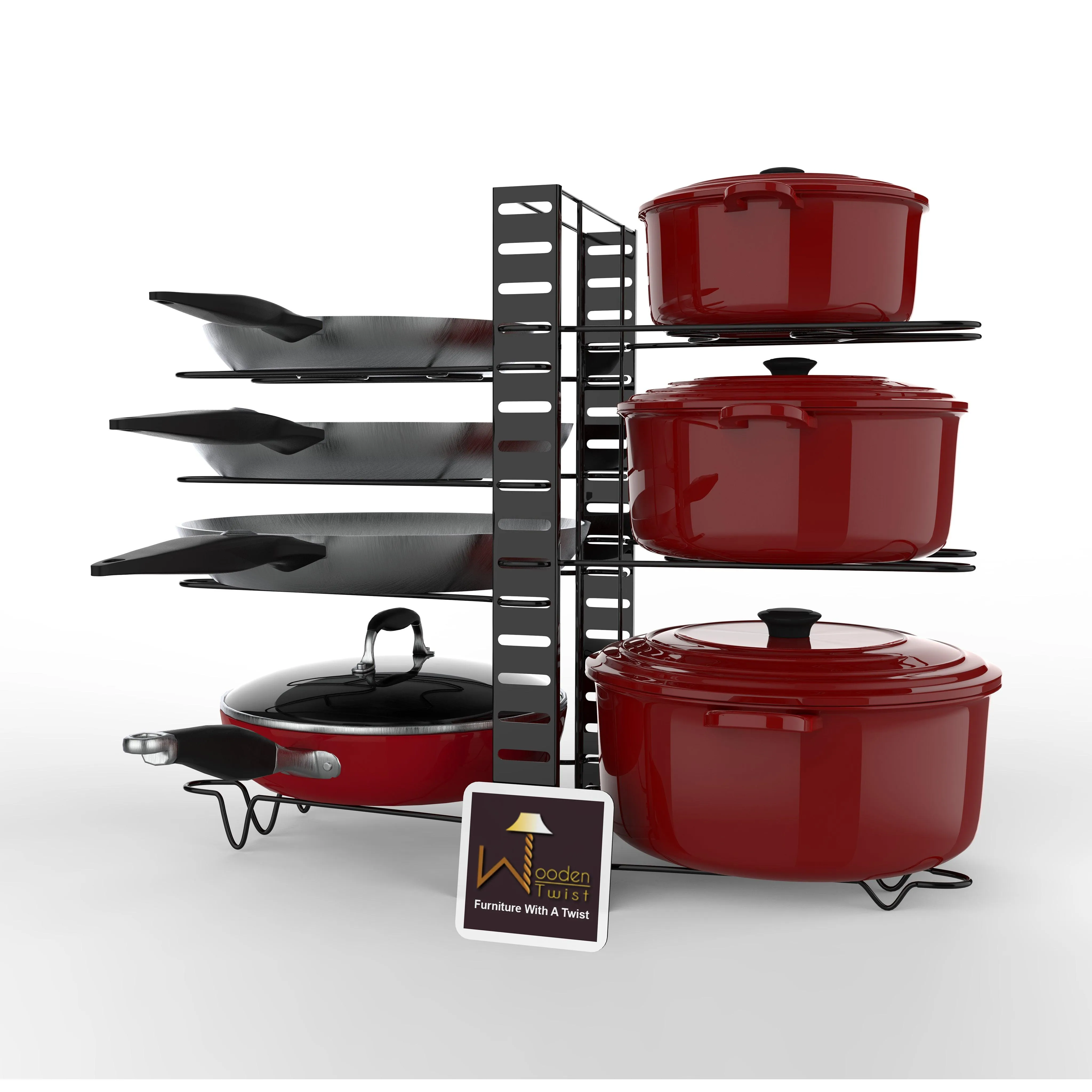 8 Tiers Large Capacity Adjustable Iron Pots and Pans Holder Rack Organizer with 3 DIY Methods