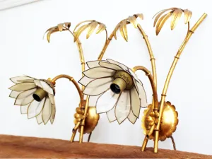 A Pair of Mid Century Faux Bamboo, Palm & Flower Wall Lights with Original Capiz Shades