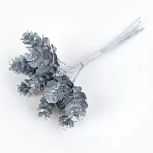 Artificial Christmas Pine Cones Wired Picks - Metallic Silver (Style 2)