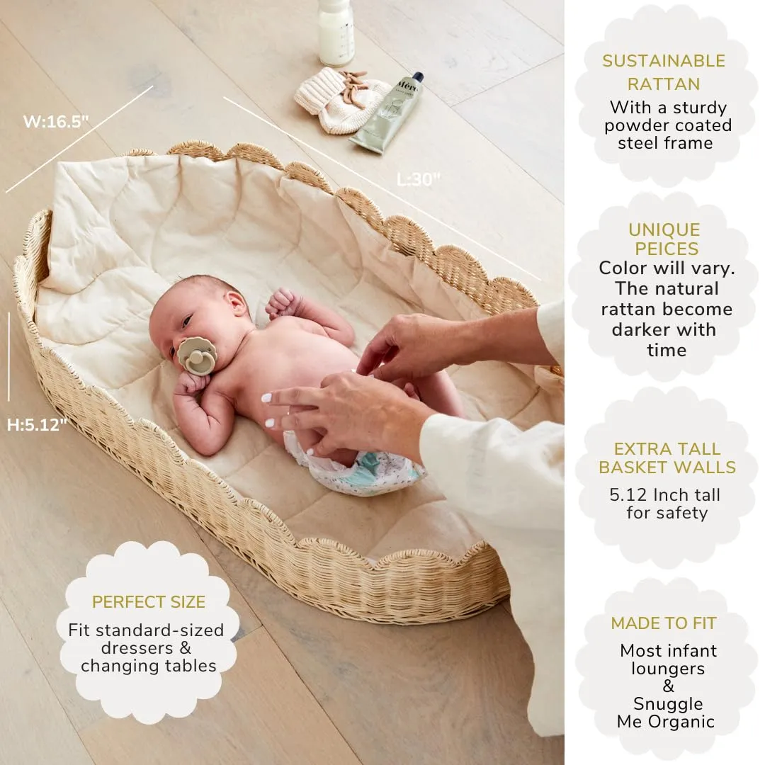 Bebe Bask Premium Baby Changing Basket Artisan Crafted Scalloped Rattan Diaper