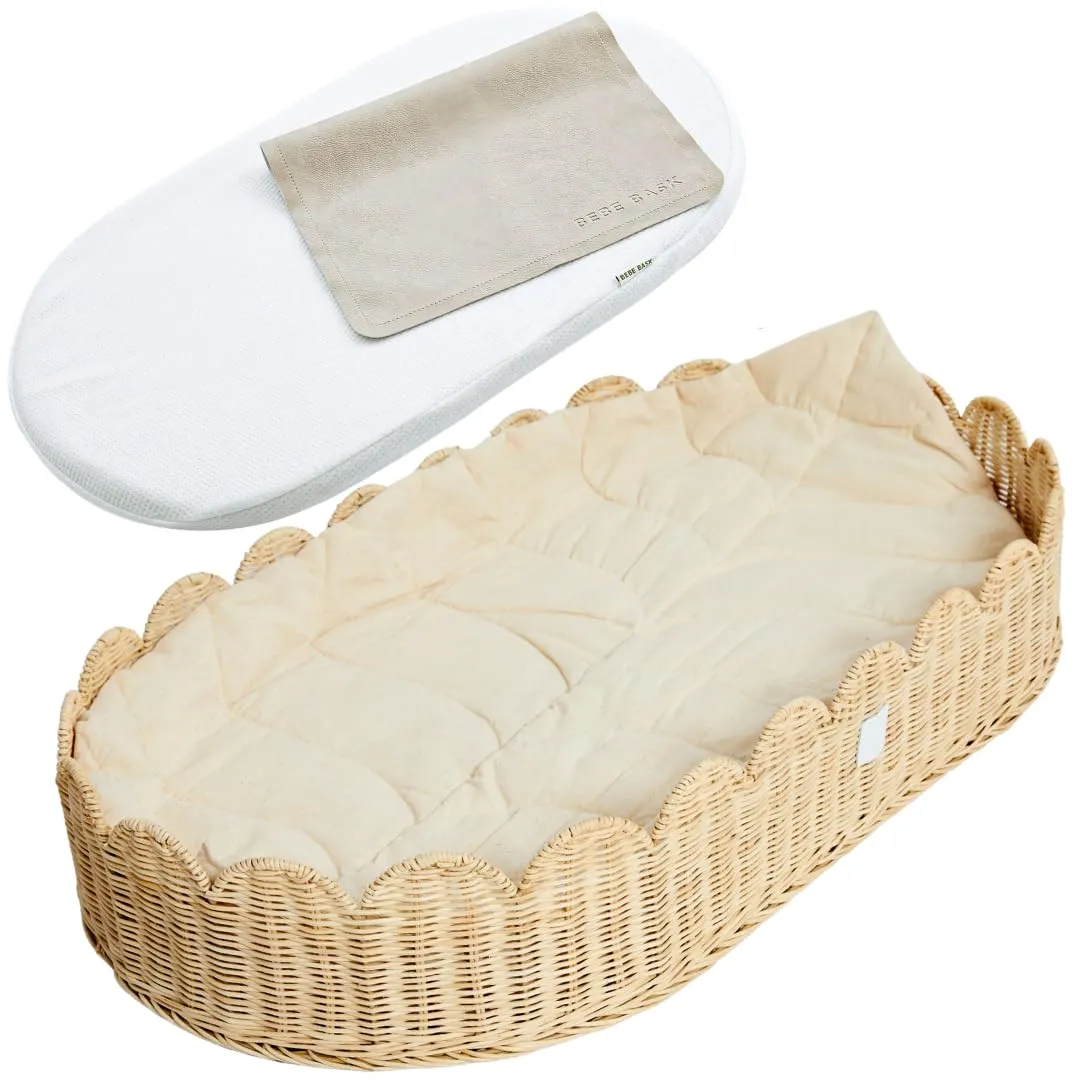 Bebe Bask Premium Baby Changing Basket Artisan Crafted Scalloped Rattan Diaper