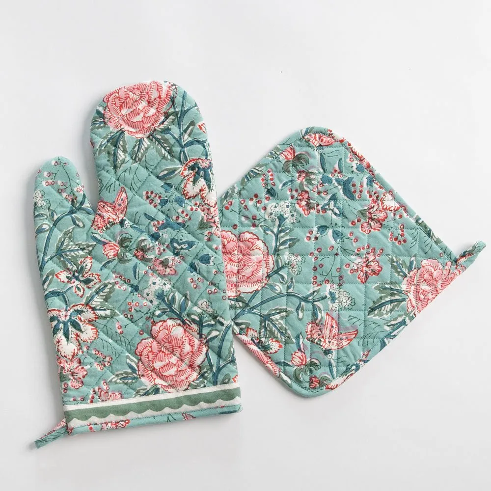 Butterfly Garden Aqua & Rose Oven Mitt Set