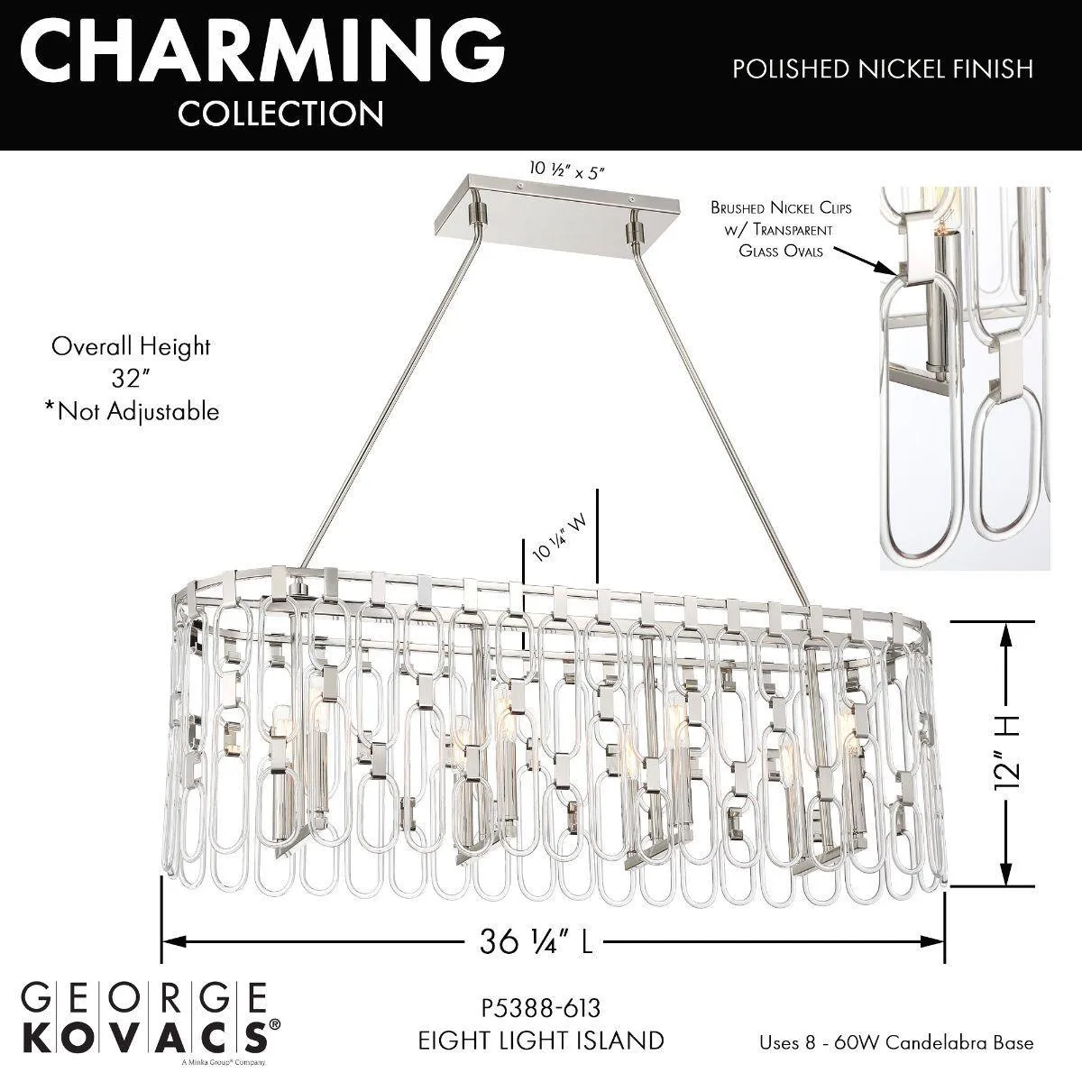 Charming 36 in. 8 lights Pendant Light Polished Nickel finish