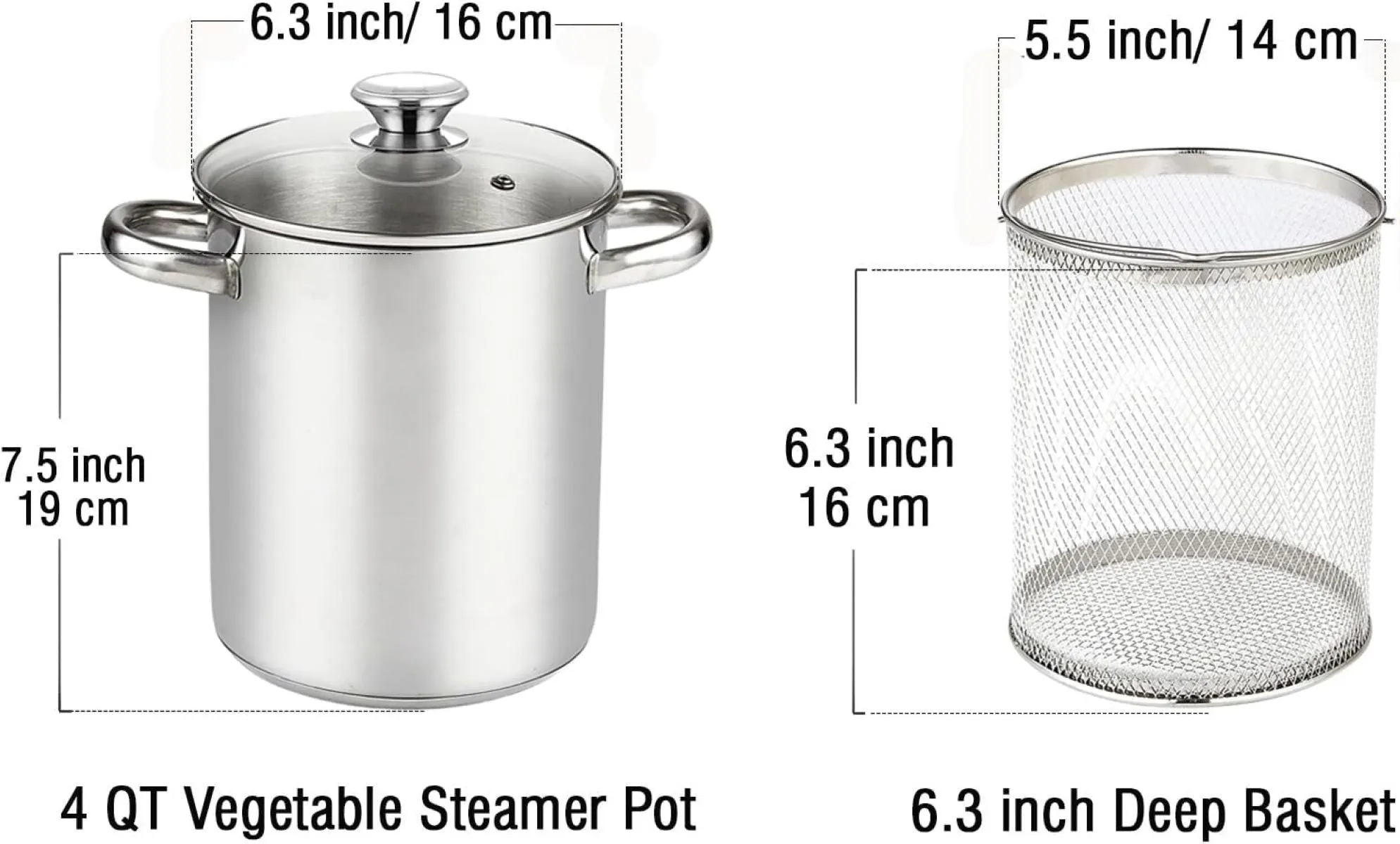 Cook N Home Deep Fryer Pot, Japanese Tempura Small Stainless Steel Deep Frying Pot, 304 Stainless Steel with Oil Drip Drainer Rack, Glass Lid, 6.3 inch/ 4Quart, for Kitchen French Fries, Chicken