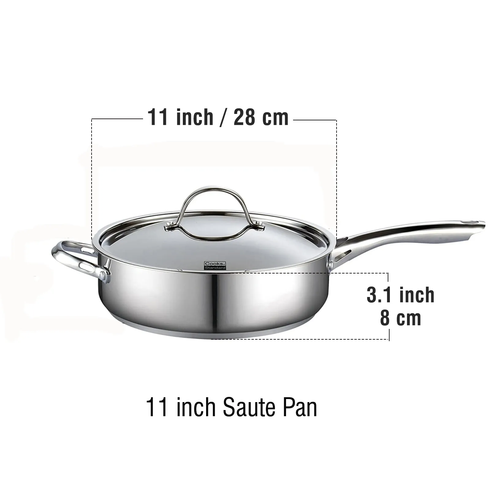 Cooks Standard Classic Stainless Steel Saute Pan 11-inch, 5 Quart Induction Cookware Deep Frying Pan Cooking Skillet with Lid, Stay-Cool Handle