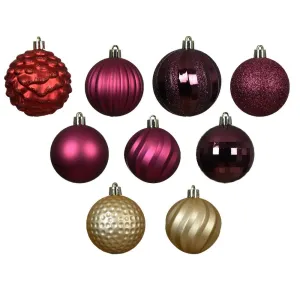 Decoris Shatterproof Bauble Set of 30 Pieces Mixed Sizes - Purple, Pomegranate, Red and Light Gold