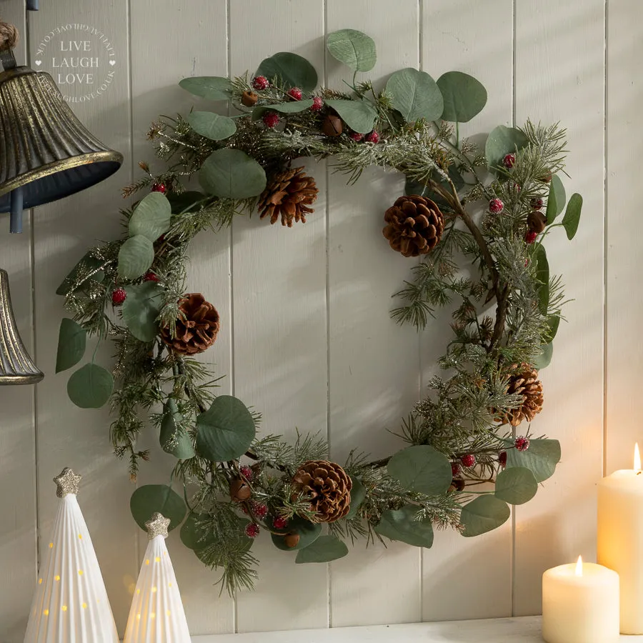 Frosted Greenery Christmas Wreath with Pinecones and Faux Berries & Eucalyptus