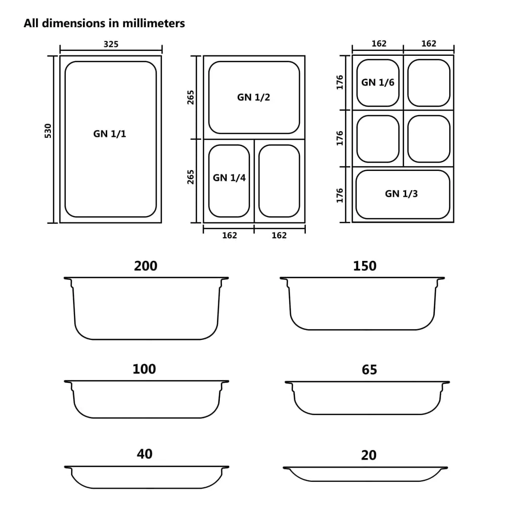 Gastronorm Containers 4 pcs GN 1/1 20 mm Stainless Steel