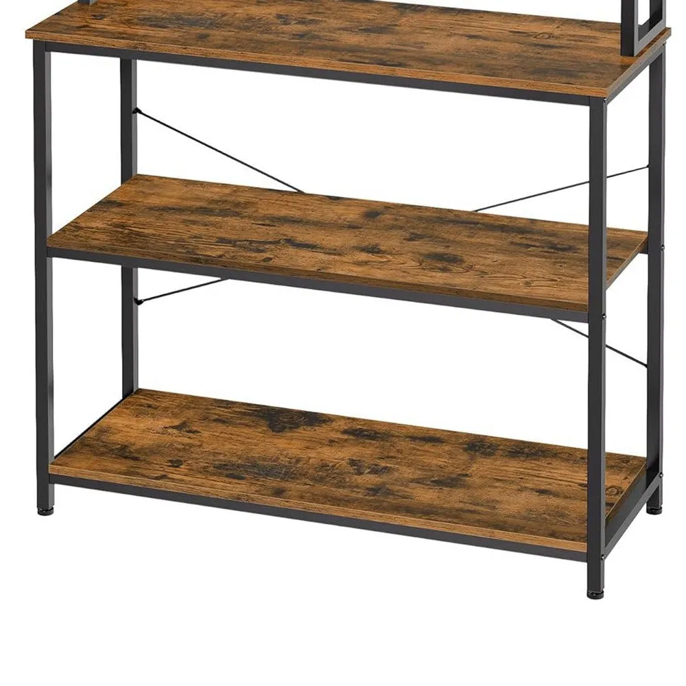 Gina 66 Inch Kitchen Baker Rack, 6 Tier Brown Shelves, Hooks, Black Iron By Casagear Home