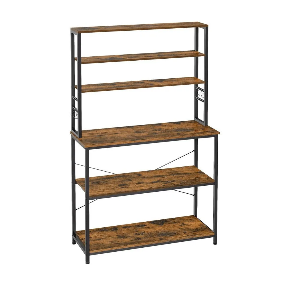 Gina 66 Inch Kitchen Baker Rack, 6 Tier Brown Shelves, Hooks, Black Iron By Casagear Home