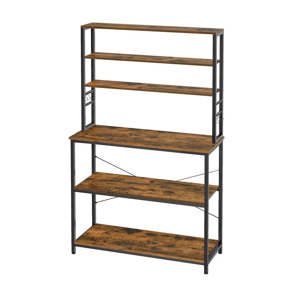 Gina 66 Inch Kitchen Baker Rack, 6 Tier Brown Shelves, Hooks, Black Iron By Casagear Home