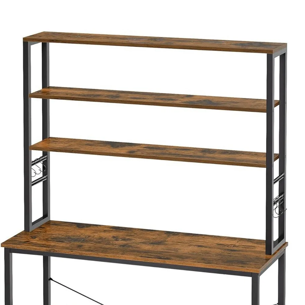 Gina 66 Inch Kitchen Baker Rack, 6 Tier Brown Shelves, Hooks, Black Iron By Casagear Home