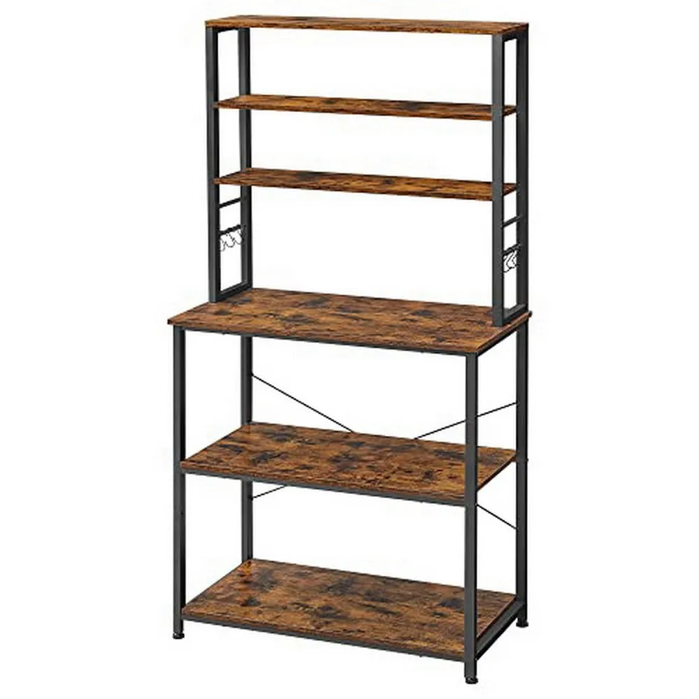 Gina 66 Inch Kitchen Baker Rack, 6 Tier Light Brown Shelves, Hooks, Black By Casagear Home