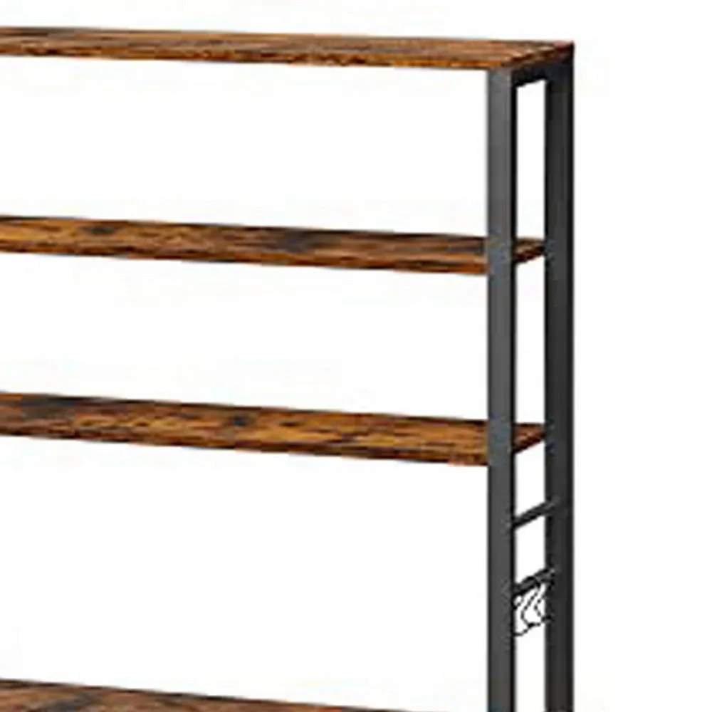 Gina 66 Inch Kitchen Baker Rack, 6 Tier Light Brown Shelves, Hooks, Black By Casagear Home