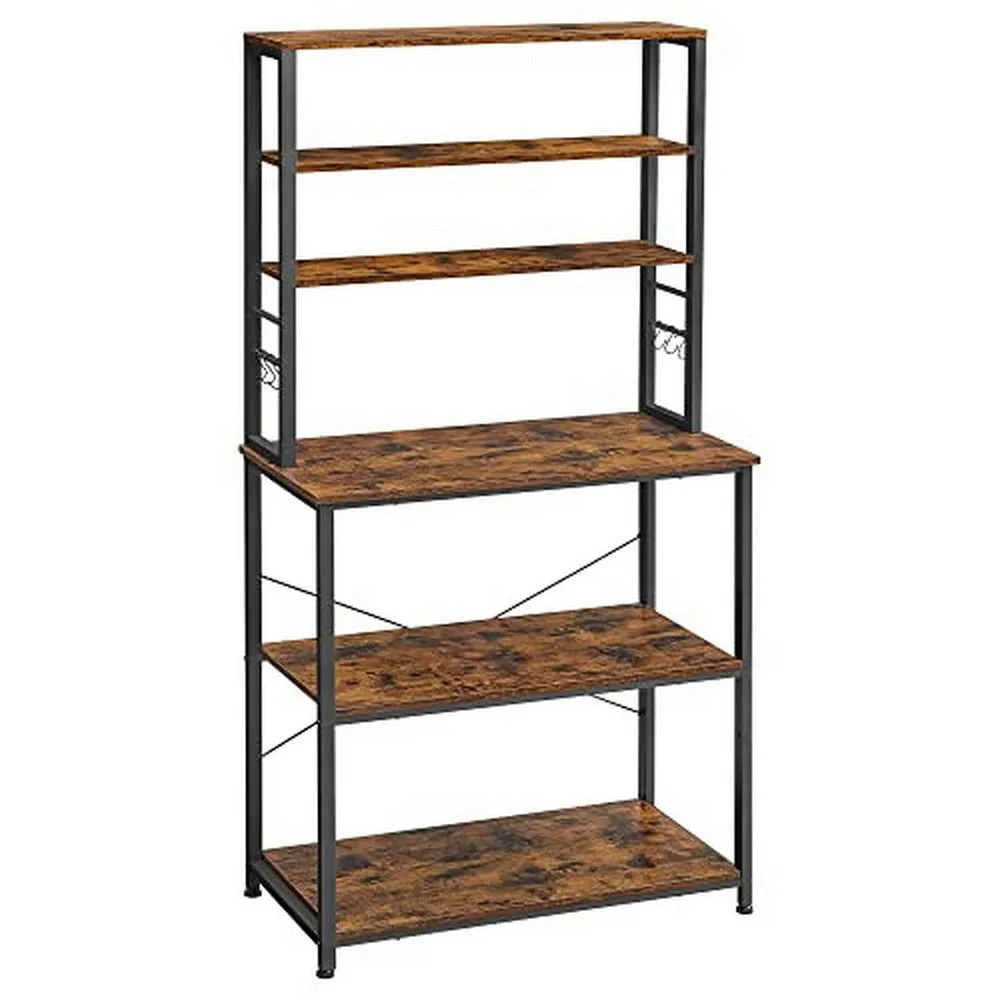 Gina 66 Inch Kitchen Baker Rack, 6 Tier Light Brown Shelves, Hooks, Black By Casagear Home