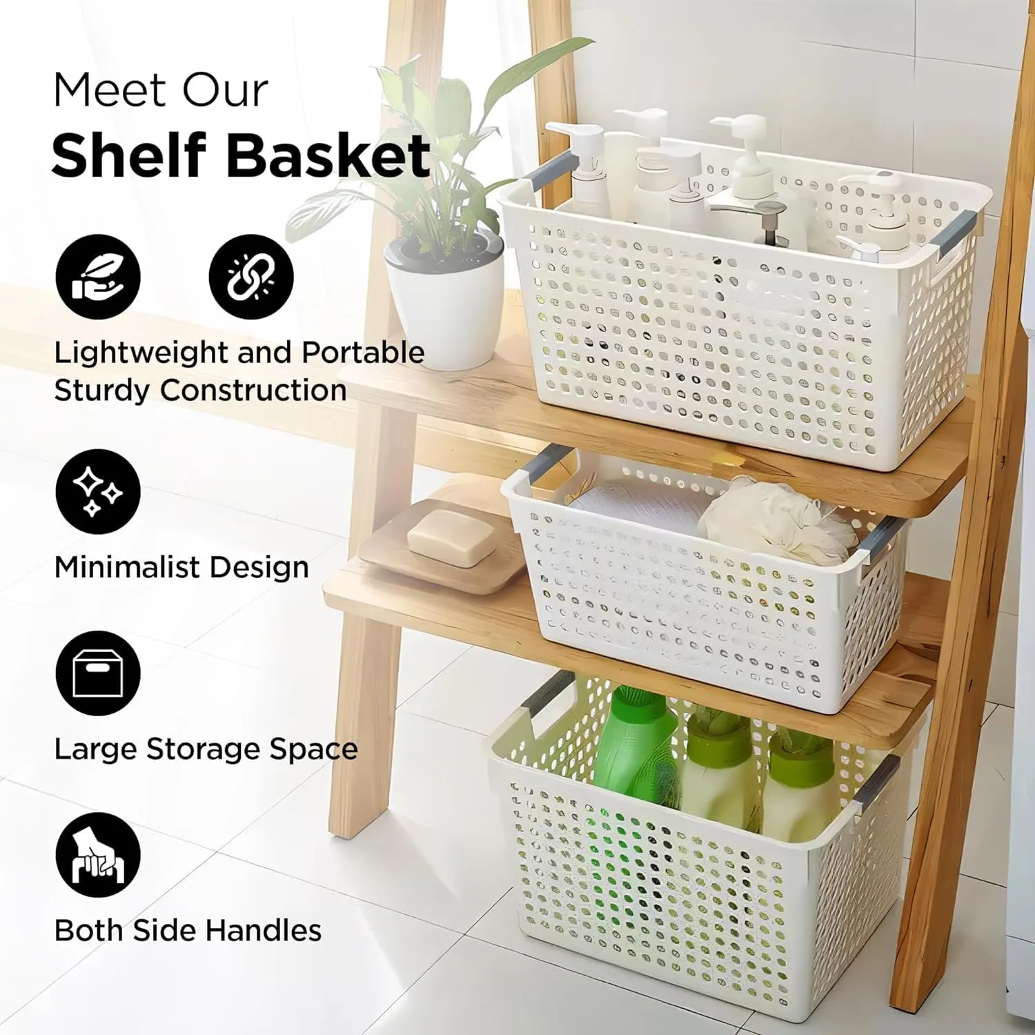 Homestic Shelf Baskets 17.5 cm Height | Plastic Storage Basket for Kitchen Fruits Vegetables Toys | Multipurpose Utlility | Attractive Design | White