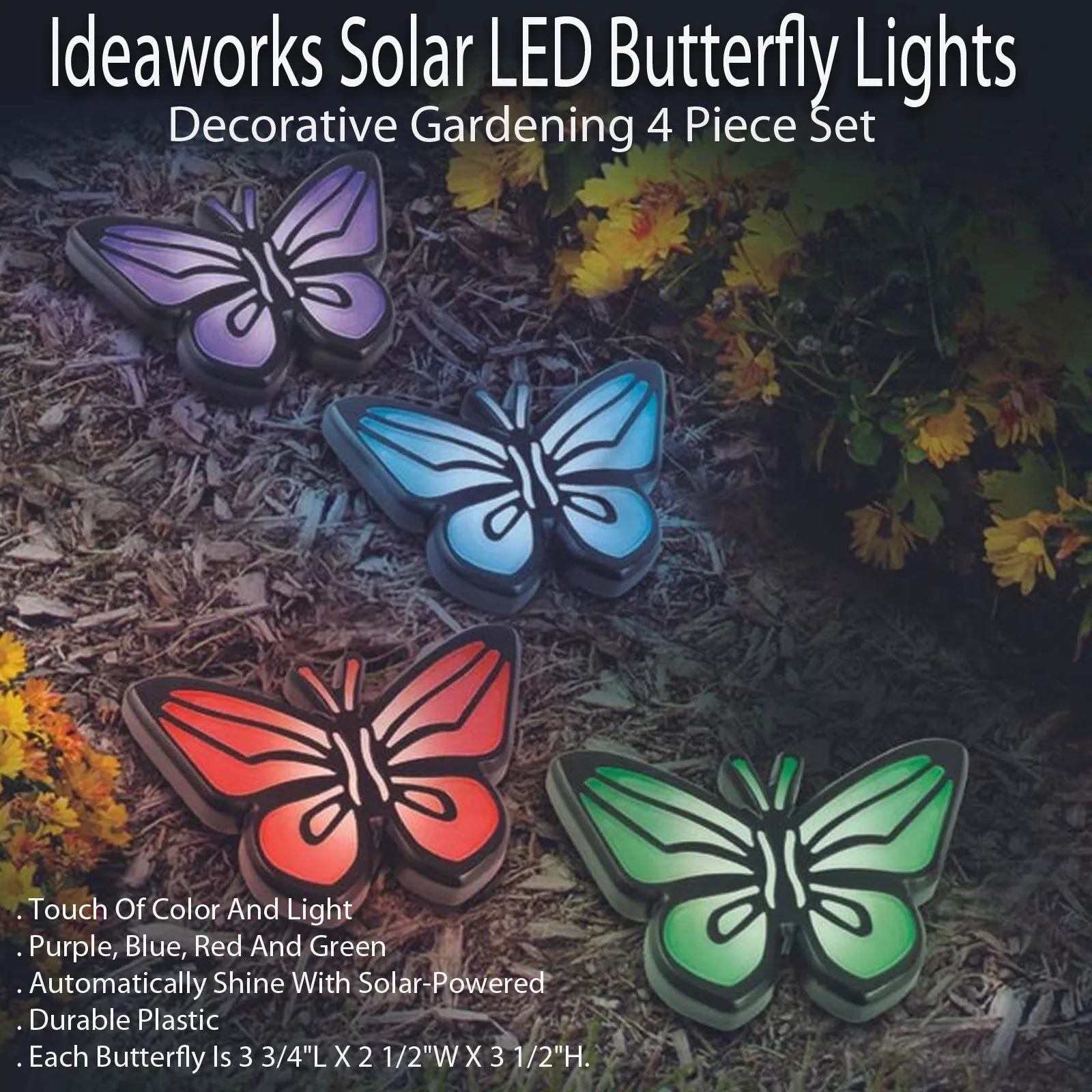 Ideaworks Solar Powered LED Butterfly Lights - Decorative Gardening 4 Piece Set