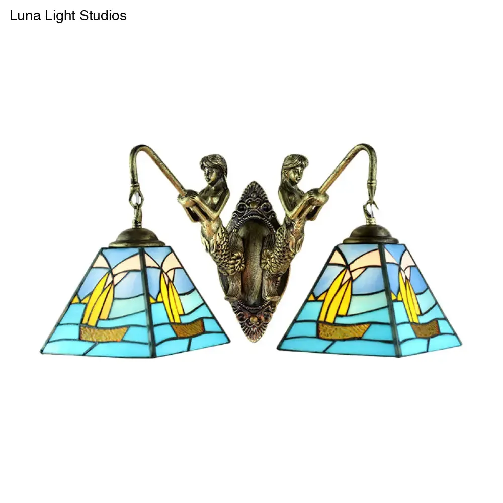 Mediterranean Blue Glass Sailboat Sconce Lighting - Antique Brass Wall Mount - 2 Heads