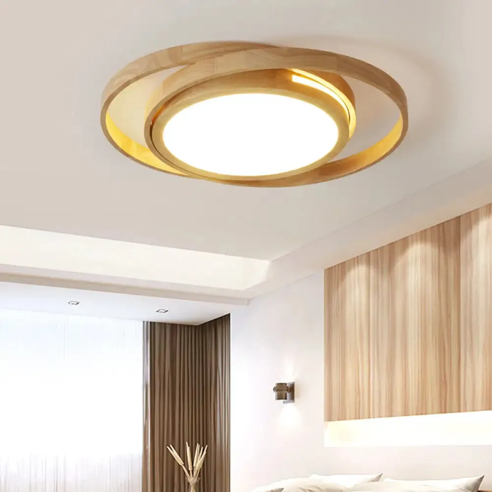 Nordic Beige Wooden LED Flush Ceiling Light - Stylish and Charming Bedroom Lighting Fixture