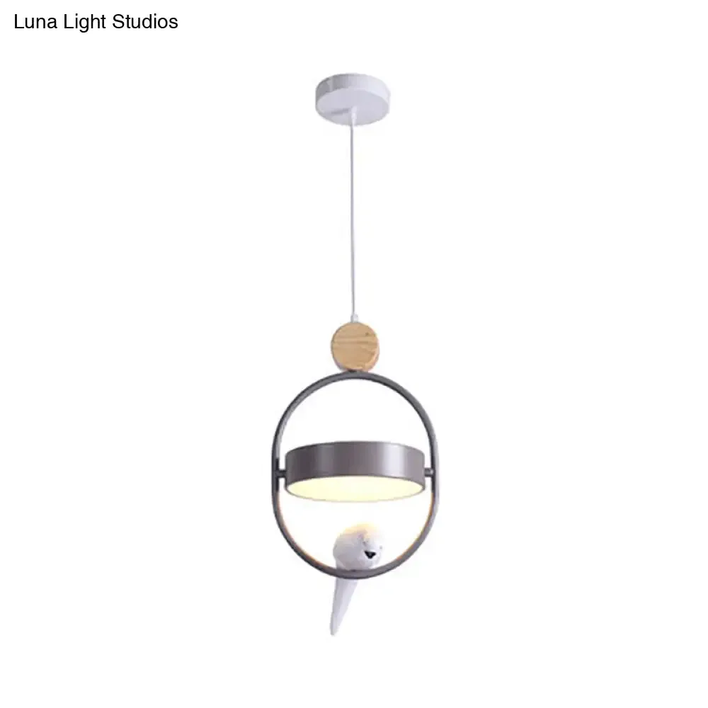 Nordic Style Hanging Lamp with Bird Decor and Round Shade in White/Grey/Green - Metal Single Bedside Down Lighting