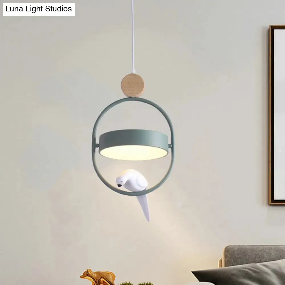 Nordic Style Hanging Lamp with Bird Decor and Round Shade in White/Grey/Green - Metal Single Bedside Down Lighting