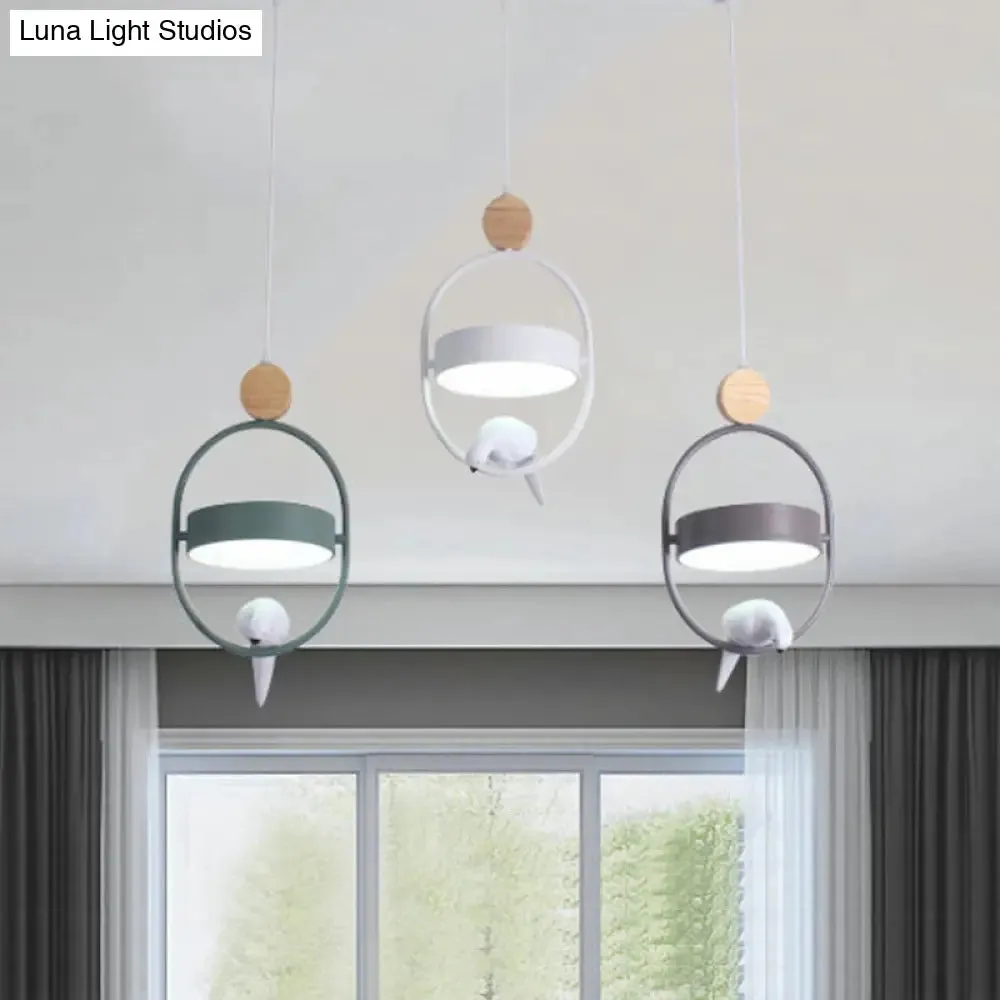 Nordic Style Hanging Lamp with Bird Decor and Round Shade in White/Grey/Green - Metal Single Bedside Down Lighting