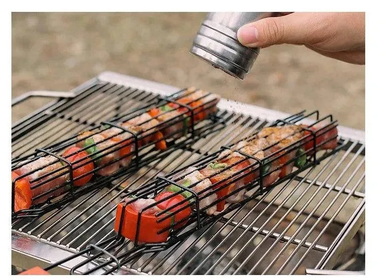 Outdoor Wooden Handle Barbecue Cage Camping Meat and Vegetable Barbecue Net Rack Picnic Barbecue Tools