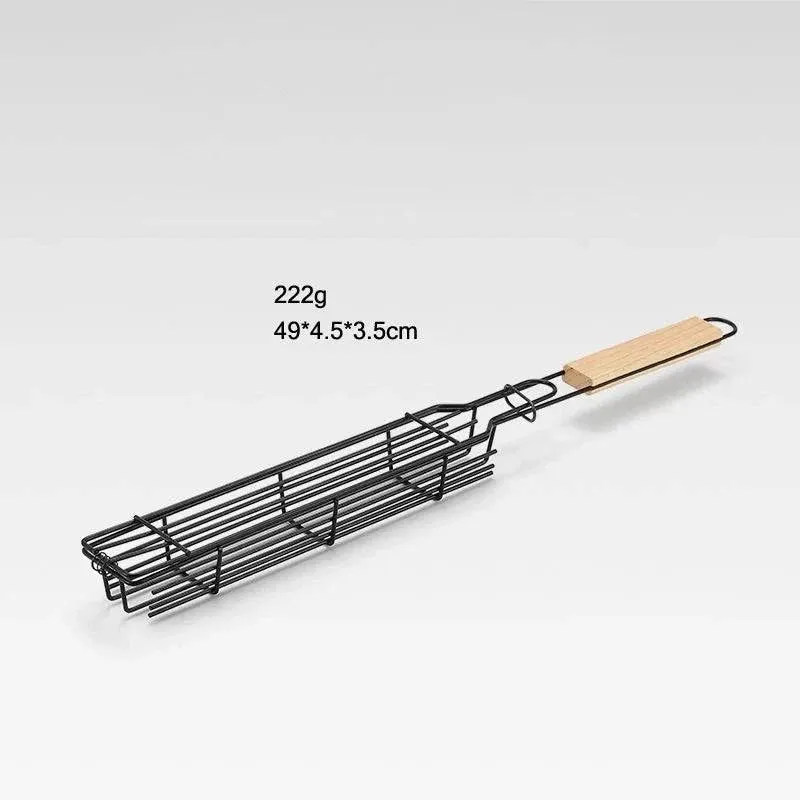 Outdoor Wooden Handle Barbecue Cage Camping Meat and Vegetable Barbecue Net Rack Picnic Barbecue Tools