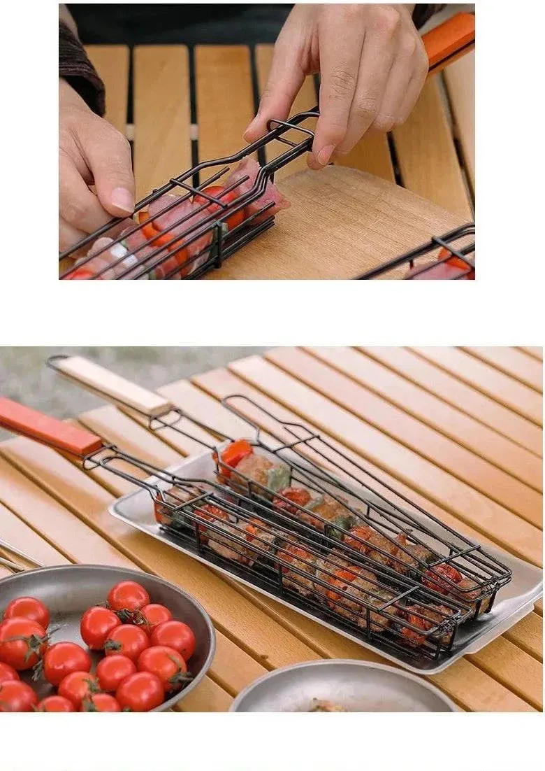 Outdoor Wooden Handle Barbecue Cage Camping Meat and Vegetable Barbecue Net Rack Picnic Barbecue Tools