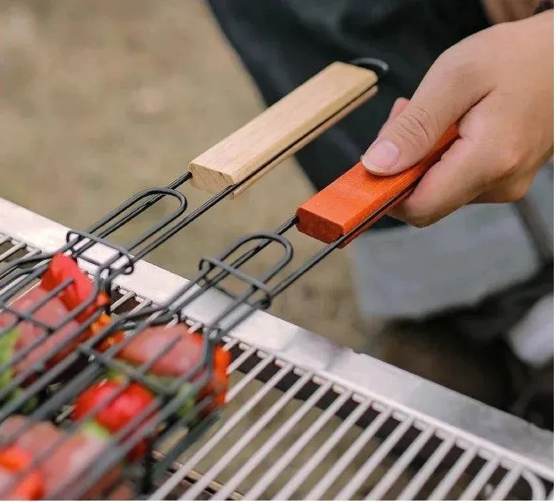 Outdoor Wooden Handle Barbecue Cage Camping Meat and Vegetable Barbecue Net Rack Picnic Barbecue Tools