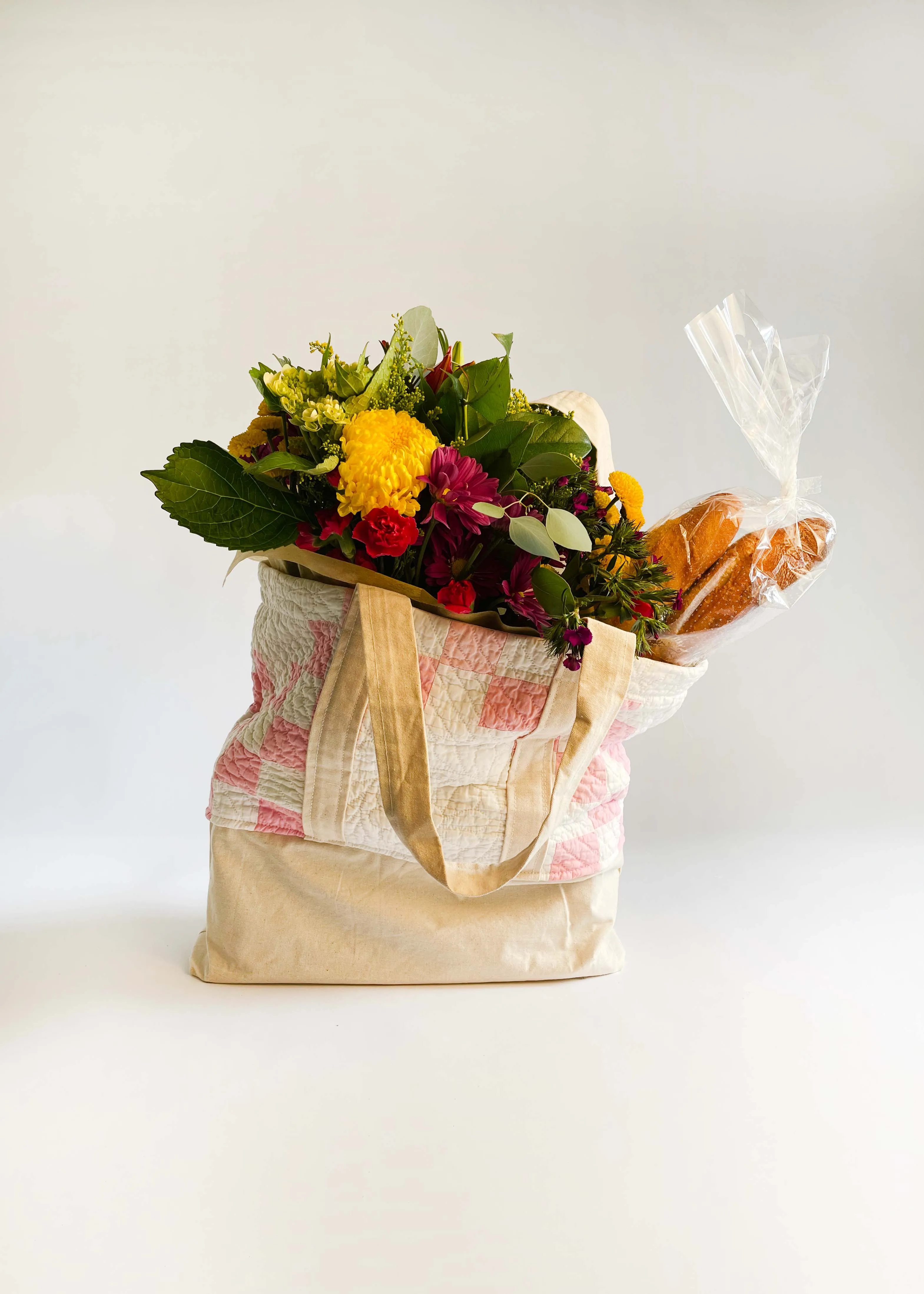 Pink and White  Recycled Quilt Canvas Bag