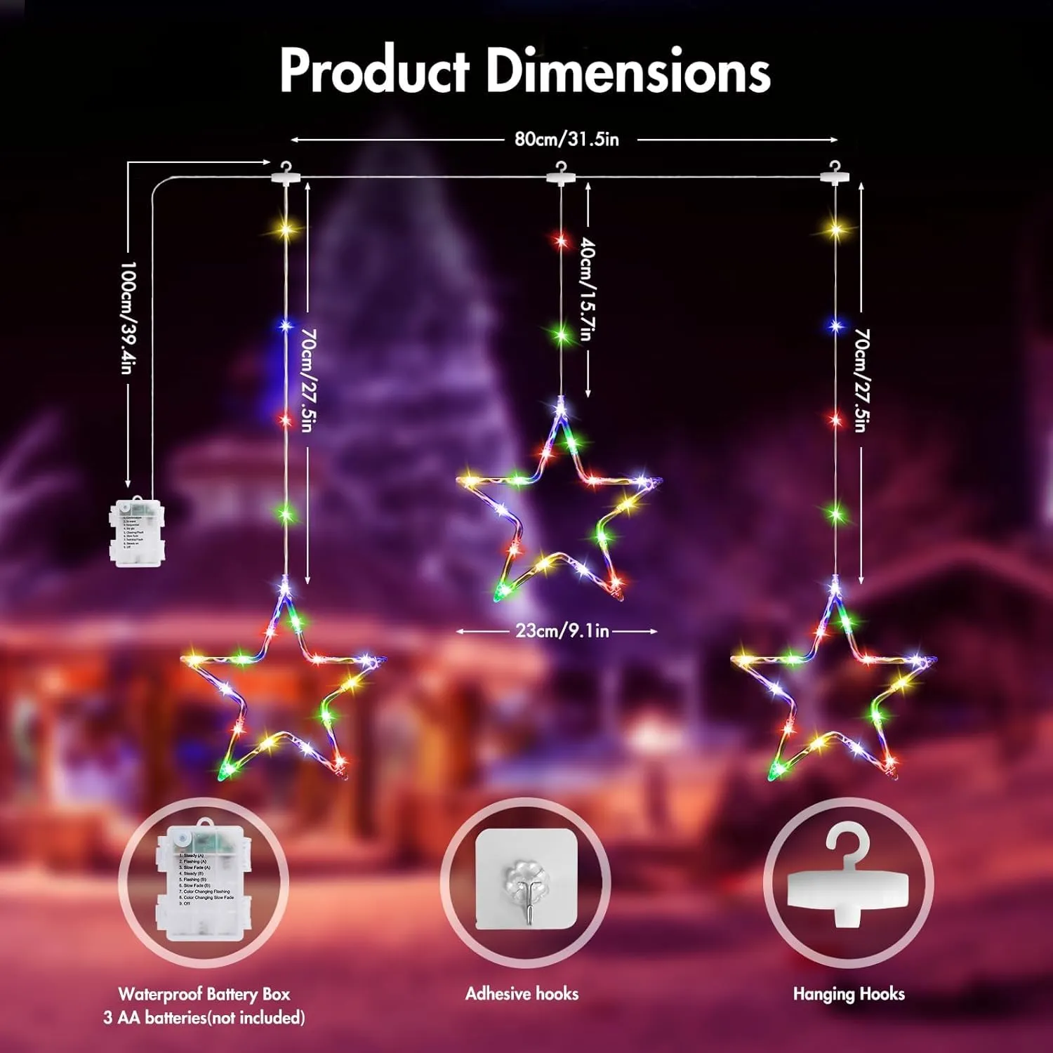 Quntis 3 Stars Xmas Decor Lights – 45 LEDs with 8 Light Modes for Holiday Decoration