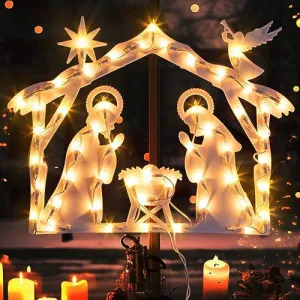 Quntis Lighted Nativity Christmas Window Silhouette Hanging Lights – 50 LEDs for Holiday & Xmas Window Decorations