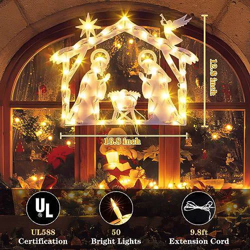 Quntis Lighted Nativity Christmas Window Silhouette Hanging Lights – 50 LEDs for Holiday & Xmas Window Decorations