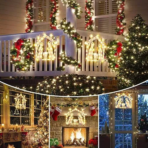 Quntis Lighted Nativity Christmas Window Silhouette Hanging Lights – 50 LEDs for Holiday & Xmas Window Decorations