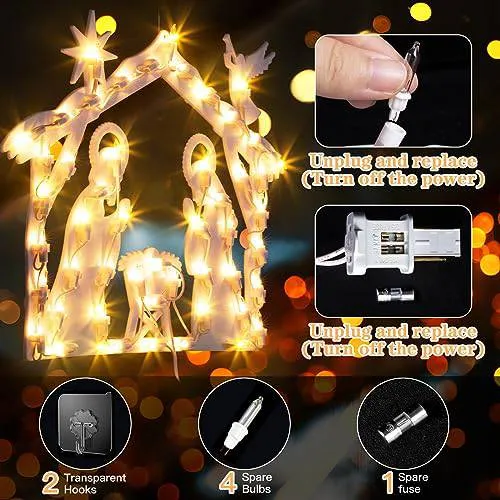 Quntis Lighted Nativity Christmas Window Silhouette Hanging Lights – 50 LEDs for Holiday & Xmas Window Decorations