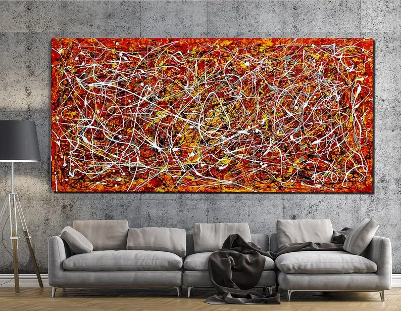 Red Painting Jackson Pollock Style Large art Vintage Style - Modern Wall Art - Red Vintage