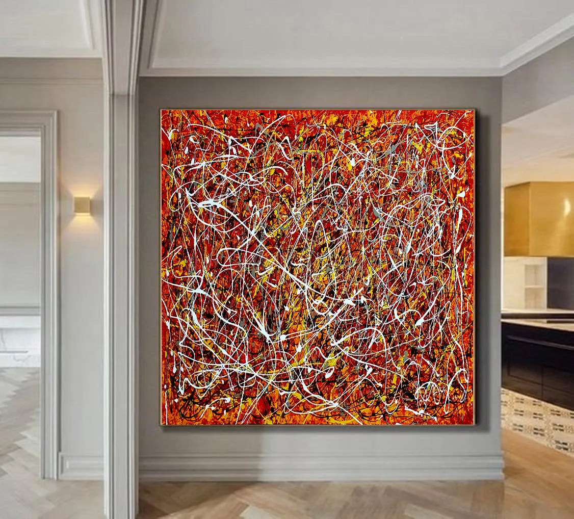 Red Painting Jackson Pollock Style Large art Vintage Style - Modern Wall Art - Red Vintage