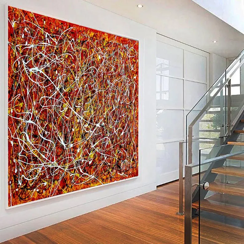 Red Painting Jackson Pollock Style Large art Vintage Style - Modern Wall Art - Red Vintage